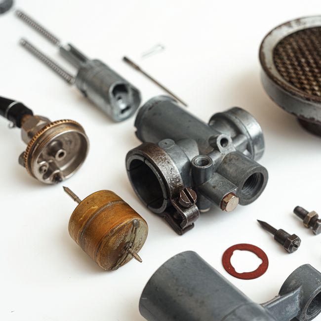 Pièces mécaniques automobiles neuves posées sur fond clair